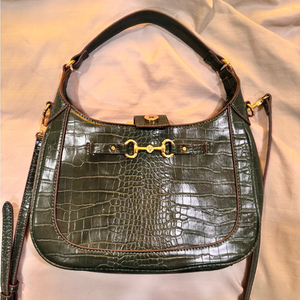 Anne Klein Green and Gold Shoulder Bag with Crocodile Embossing